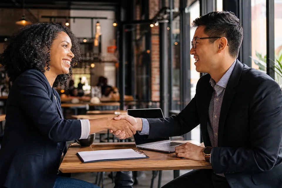 Domain seller shaking hands with a buyer across a cafe table after agreeing a price