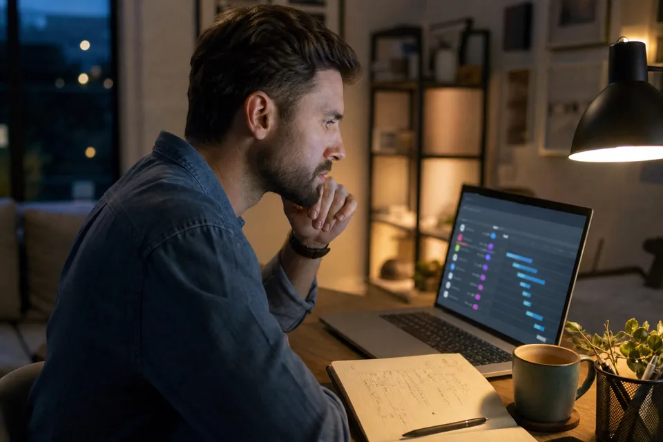 Developer at a home office desk checking a list of expiring domain names on a laptop in the evening
