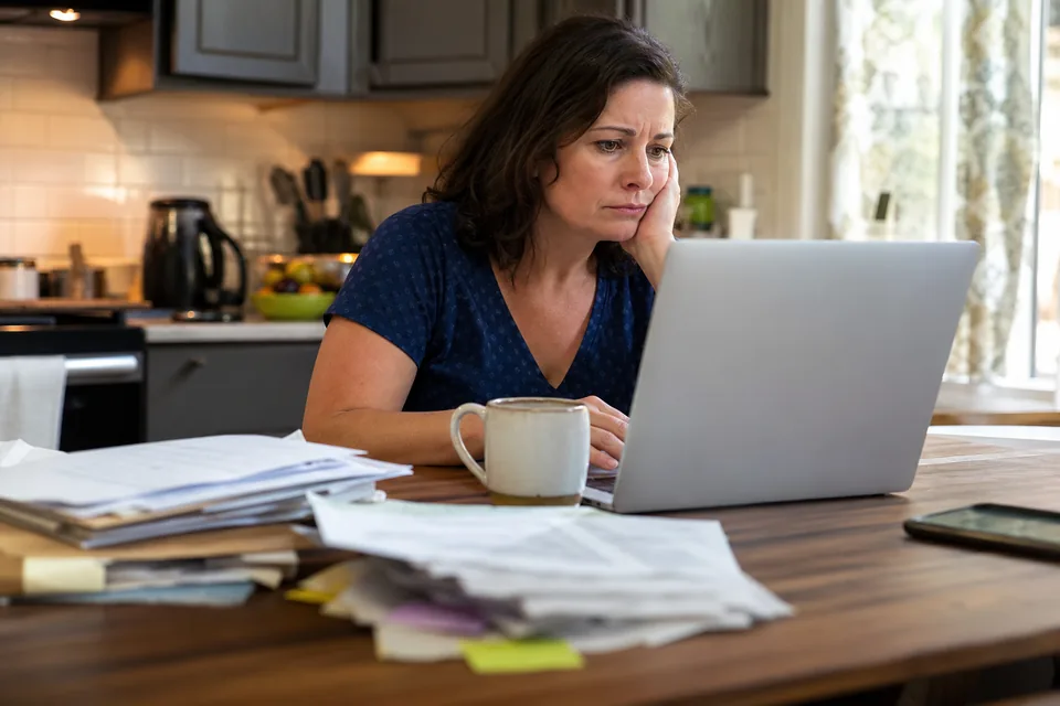 Small business owner at a home office table looking at a laptop after her old domain lapsed