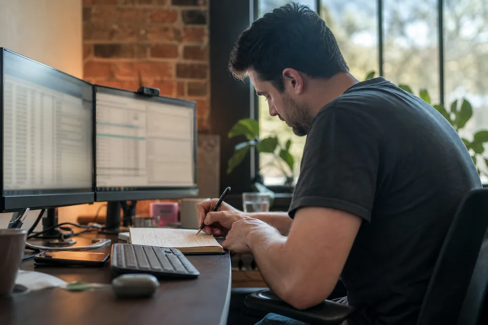 Domain investor at two monitors reviewing a long list of expiring names in a loft office