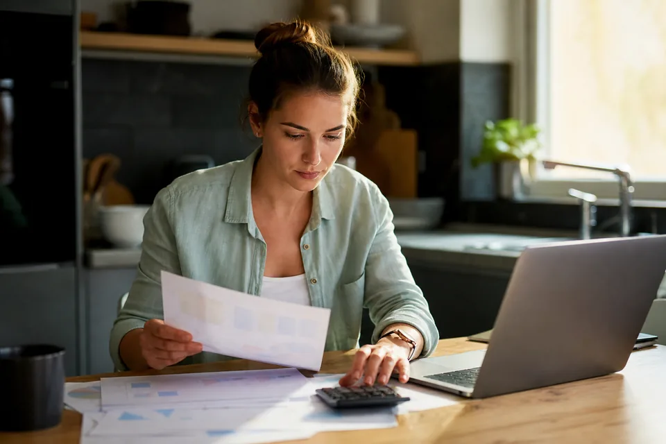 Domain reseller at a kitchen table comparing monthly tool costs with a laptop and calculator