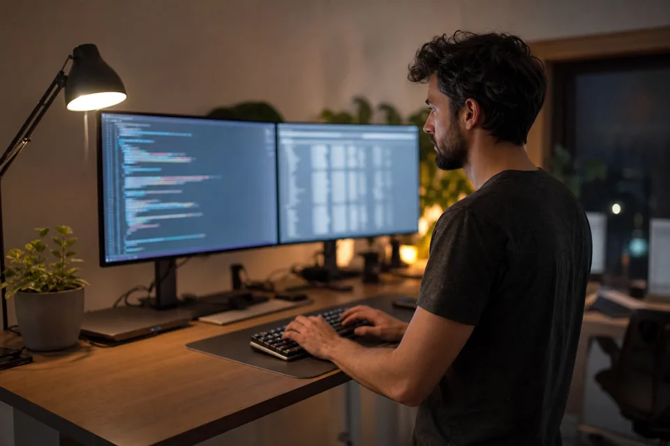 Developer at a standing desk with code and a data table on two monitors