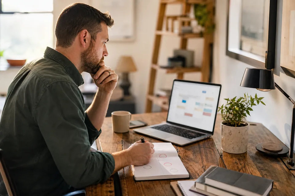 Founder at a home office desk checking a domain renewal notice on a laptop beside a notebook with dates circled