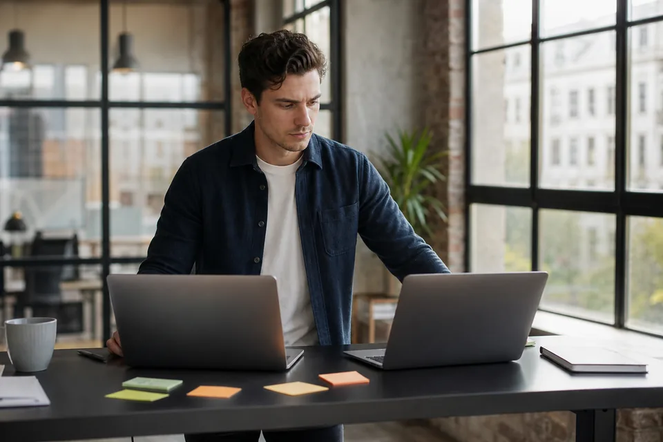 Agency owner at a standing desk comparing two laptops while planning which expiring domain to catch