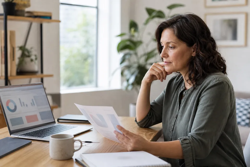 Small business owner at a home office desk reviewing a domain renewal invoice next to her laptop