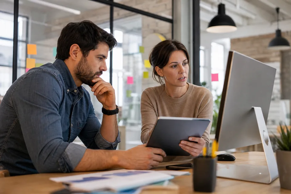 Two domain investors in a loft office reviewing a list of expiring names on a monitor and tablet