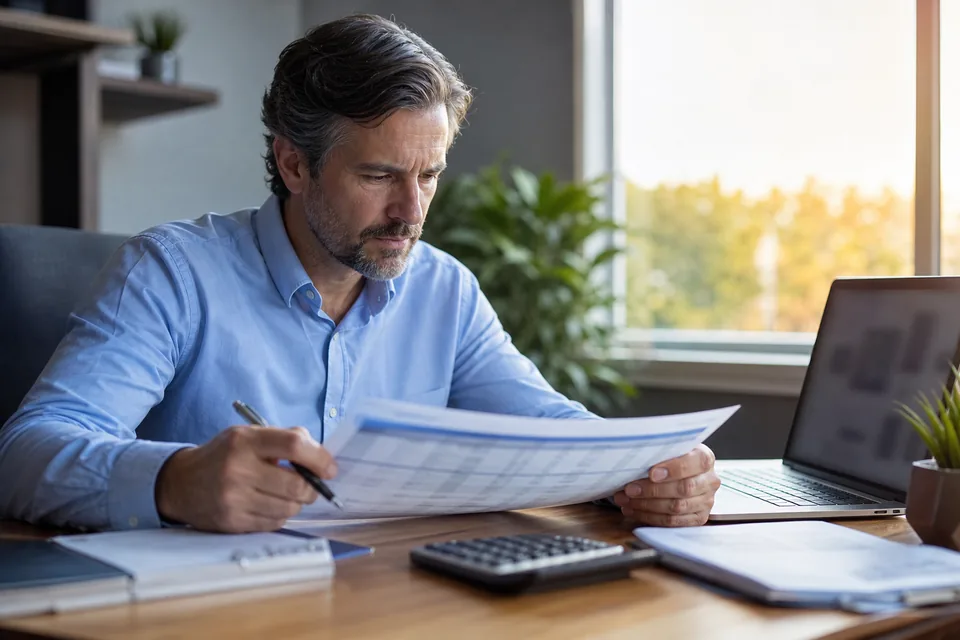 Domain investor reviewing a printed list of domain sales and commission figures at a desk with a calculator
