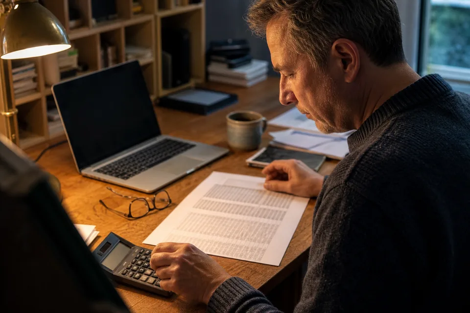 Domain seller with a calculator and laptop comparing commission on a recent sale at a home desk